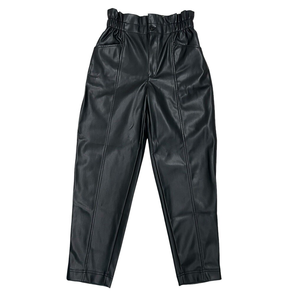 Madewell Vegan Faux Leather Paperbag High Waisted Elastic Zip Pants Black Size 2